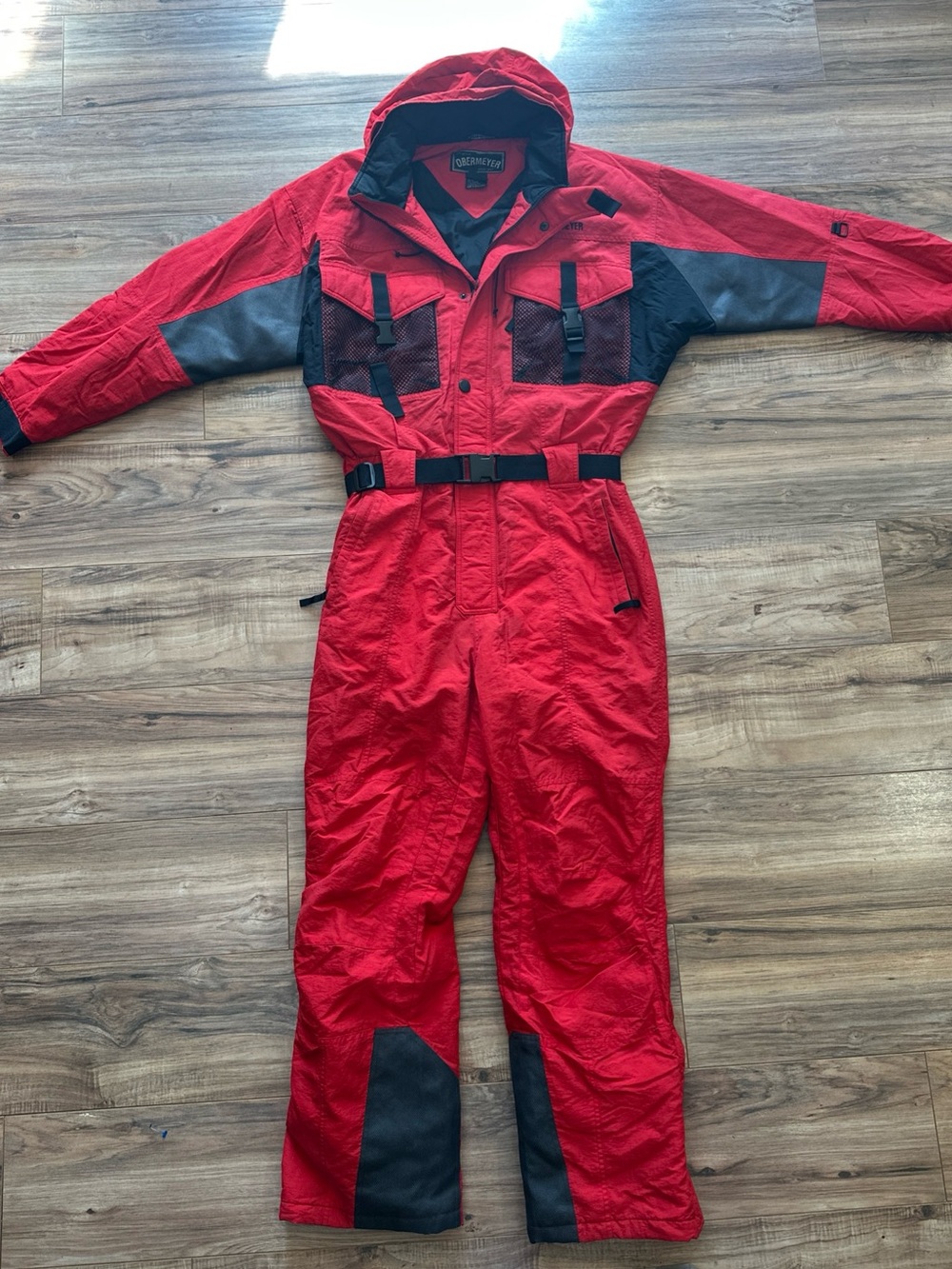 Obermeyer Ski Snow Suit Mens One Piece Hooded Bib Size LARGE red Black Grey